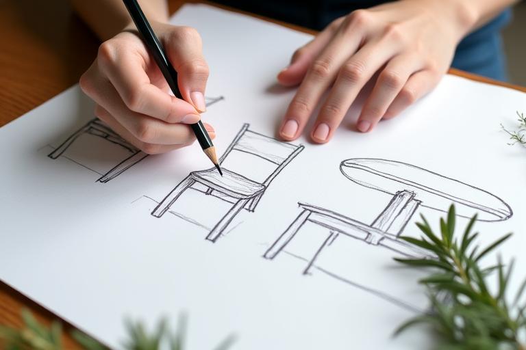 デザイナーがハーブをイメージした家具のスケッチを描いている様子。