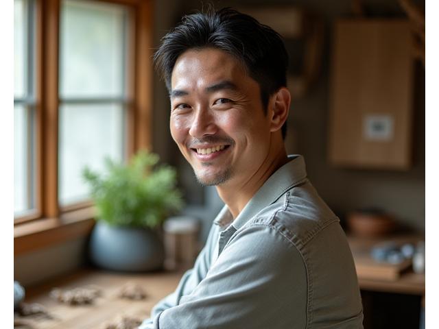 創設者、佐藤 健介のプロフィール画像。穏やかな笑顔で、木製の作業台の前に立っている。